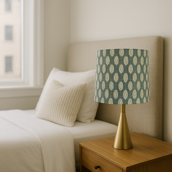 Teal and white handcrafted drum lampshade made with imported UK fabric, 20cm x 18cm