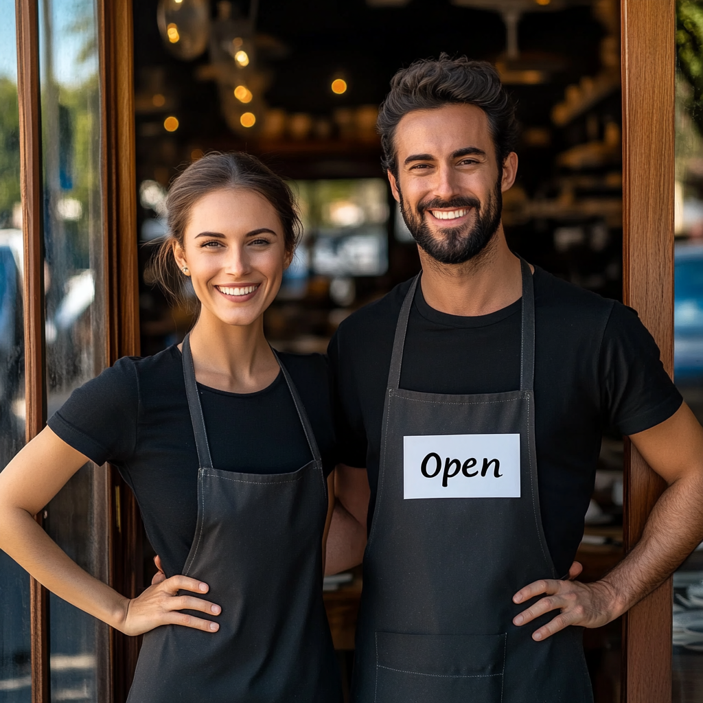 "Local Business Owners Celebrate Growth Thanks to BizzListAI Directory" "Happy couple standing outside their business with an 'Open' sign, smiling confidently after gaining new clients through the BizzListAI directory."