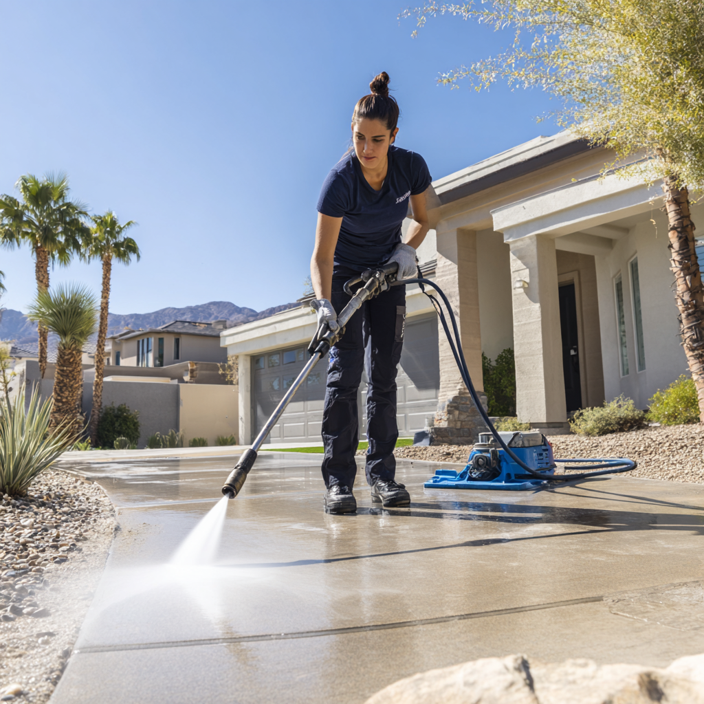 Start New Cleaning technician pressure washing a residential driveway, restoring the surface to a spotless finish under clear blue skies in a modern suburban neighborhood.